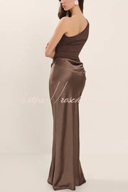 Satin One Shoulder Ruched Maxi Dress for Party