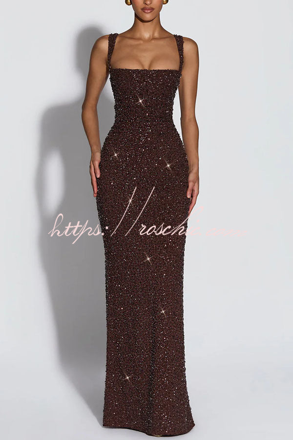 Sequin Chiffon Ruched Square Neck Lace-Up Maxi Dress