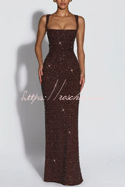 Sequin Chiffon Ruched Square Neck Lace-Up Maxi Dress