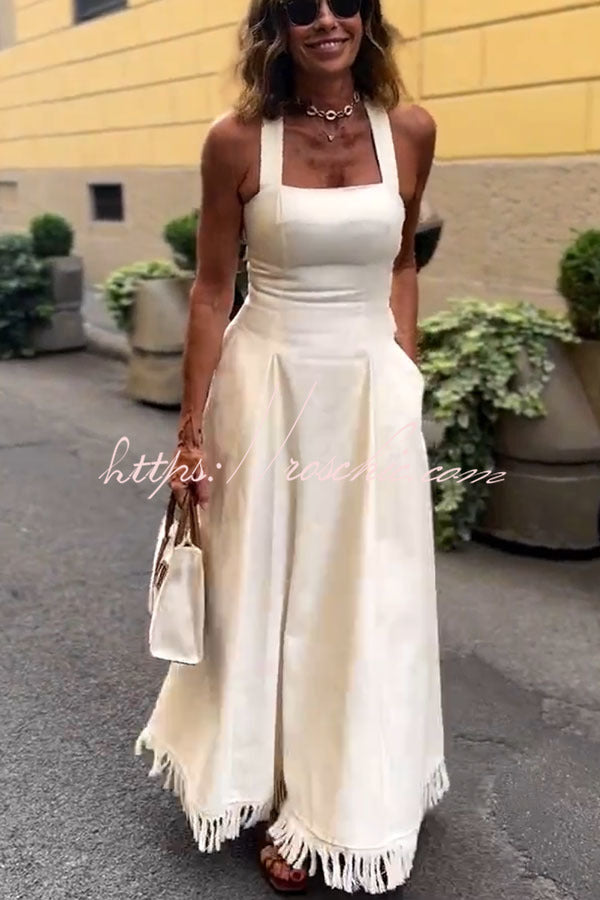 Linen Blend Midi Dress with Square Neck and Tassel Trim