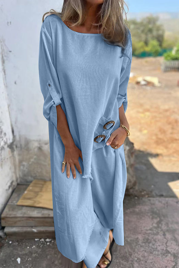 Linen Blend Midi Blouse and Wide-Leg Pants Set