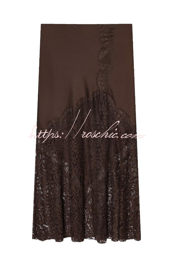 Silk Satin & Lace Spliced Maxi Skirt | Elegant Vacation Style