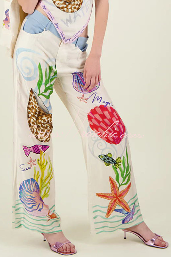 Satin Wide Leg Pants with Marine Print & Elastic Waist