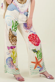 Satin Wide Leg Pants with Marine Print & Elastic Waist