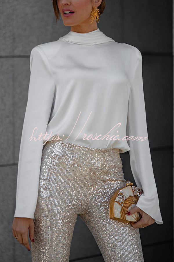 Satin Cowl Neck Draped Blouse – Long Sleeve Loose Fit
