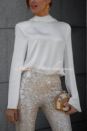 Satin Cowl Neck Draped Blouse – Long Sleeve Loose Fit