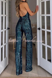 Sequin Halter Wide Leg Jumpsuit – Party Wear