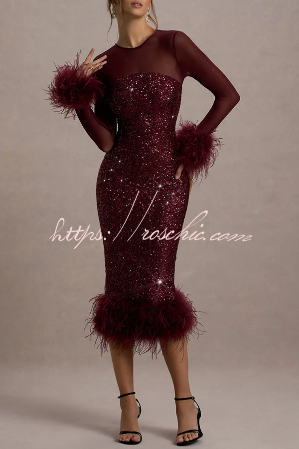 Sequin Feather Trim Midi Dress – Long Sleeve Party Dress