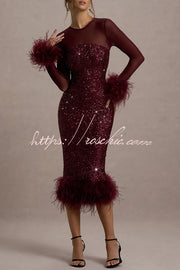 Sequin Feather Trim Midi Dress – Long Sleeve Party Dress