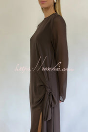 Mesh See-Through Maxi Dress with Tie Bow & Side Slit