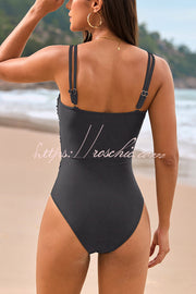 Color-block One-Piece Swimsuit with Metal Button Detail