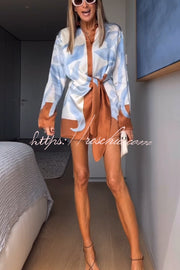 Satin Colorblock Tie-Up Shirt Mini Dress | Long Sleeve