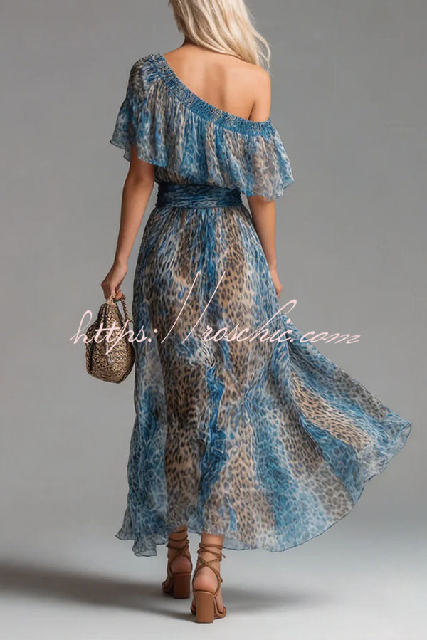 Leopard Print One-Shoulder Flowy Maxi Dress