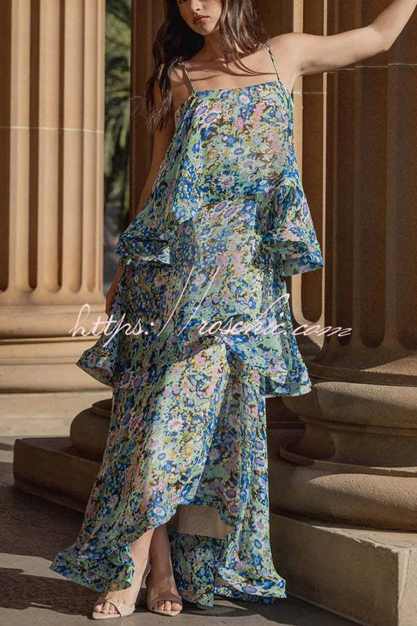 Floral Print Georgette Tiered Maxi Dress – Square Neck
