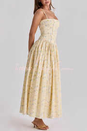 Floral Print Stretch Cotton Midi Slip Dress with Ladder Trim