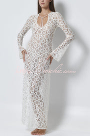 Floral Lace Long Sleeve Maxi Dress with Slit
