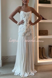 Floral Applique Pleated Chiffon Maxi Slip Dress