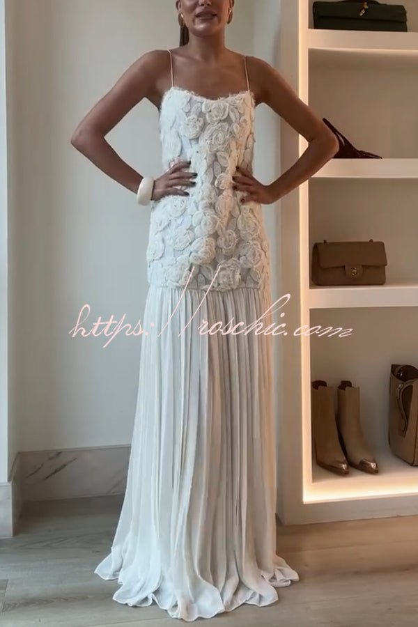 Floral Applique Pleated Chiffon Maxi Slip Dress