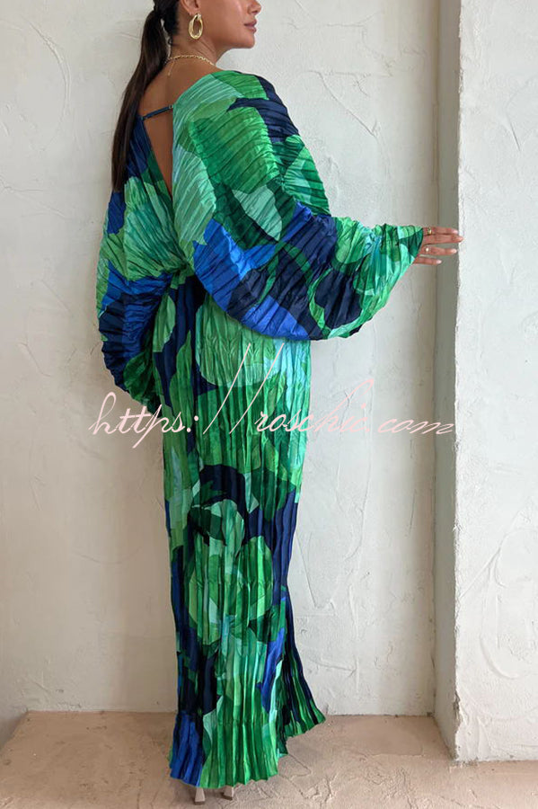 Tropical Print Kimono Sleeve Pleated Cocoon Maxi Dress