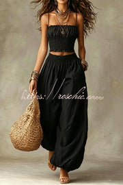 Olive Pleated Crop Top & Wide-Leg Pants Set
