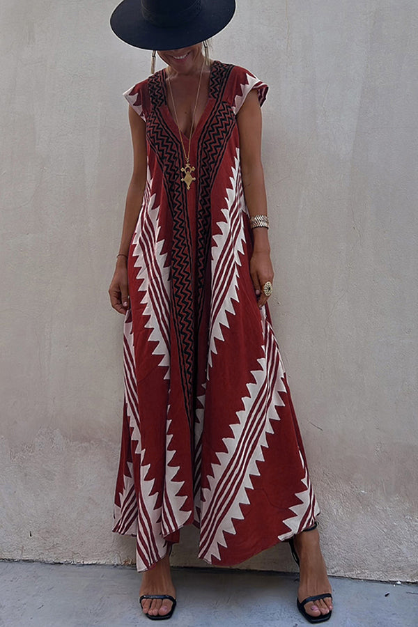 Ethnic Print V-Neck Maxi Dress – Loose A-Line Vacation Dress