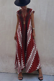 Ethnic Print V-Neck Maxi Dress – Loose A-Line Vacation Dress