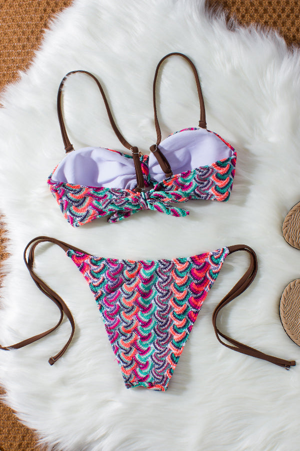 Striped Wavy Knit Bikini Set with Tie-up Detail