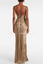 Metallic Pleated Maxi Dress with Sweetheart Bodice & Lace-Up Back