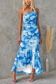 Floral Mesh One Shoulder Ruched Maxi Dress