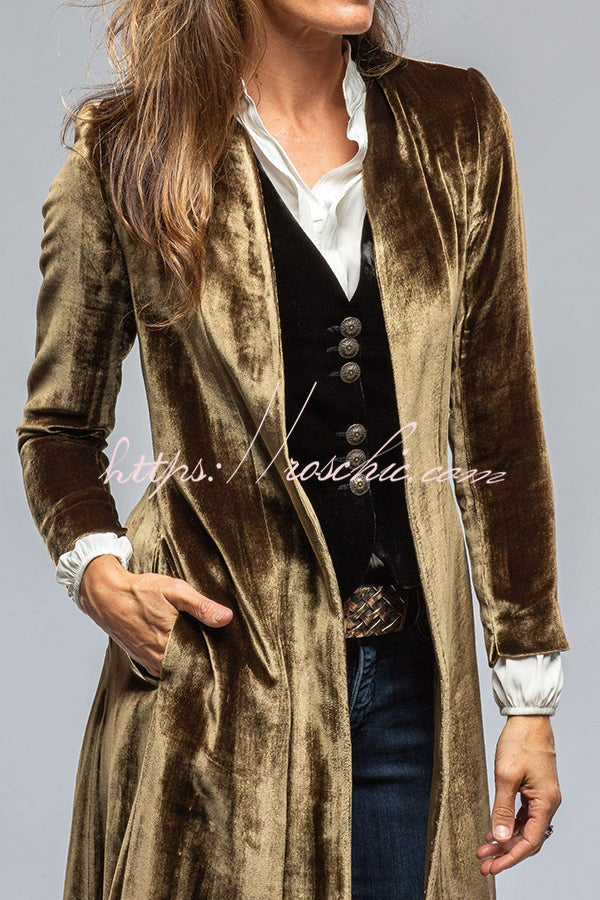Women's Velvet Long Coat with Pockets and Slit Hem