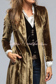 Women's Velvet Long Coat with Pockets and Slit Hem