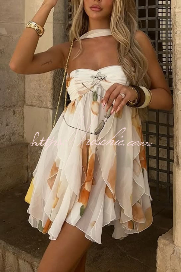 Floral Print Halter Neck Mini Dress with Starfish Brooch