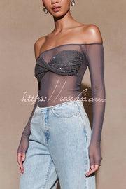 Sequin Mesh Bardot Off-Shoulder Long Sleeve Top