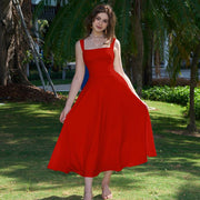 OYS Women's Casual Sleeveless Square Neck A-Line Solid Slim Flowy Long Dress with Pockets & Back Tie Detail Design