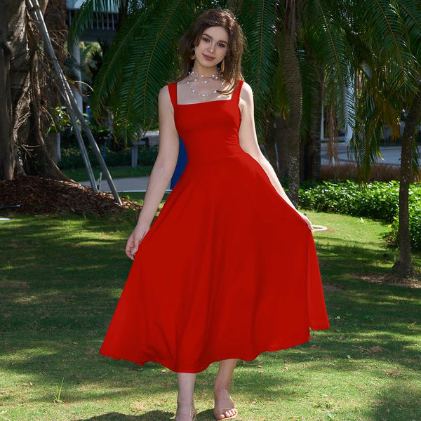 Women's Sleeveless Square Neck A-Line Maxi Dress with Pockets