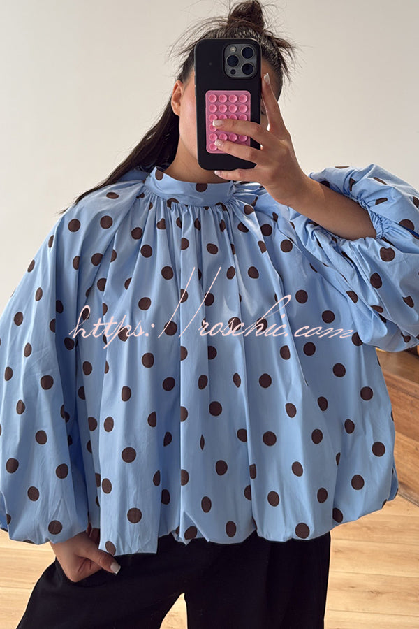 Polka Dot Turtleneck Blouse with Balloon Sleeves & Back Slit