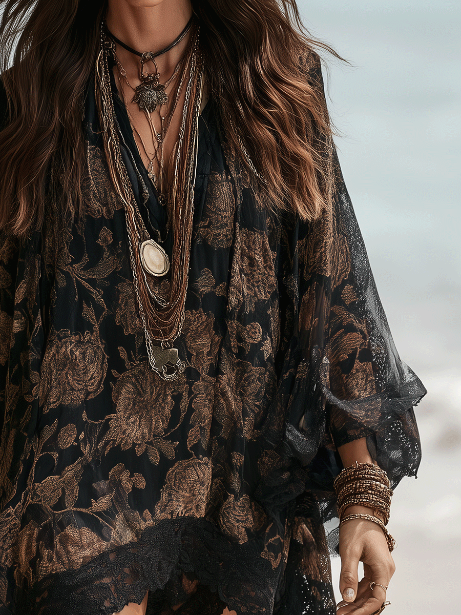 Sheer Floral Lace Kaftan Mini Dress – Bohemian Style