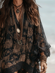 Sheer Floral Lace Kaftan Mini Dress – Bohemian Style