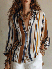 Bohemian Vertical Stripe Long Sleeve Blouse in Earth Tones