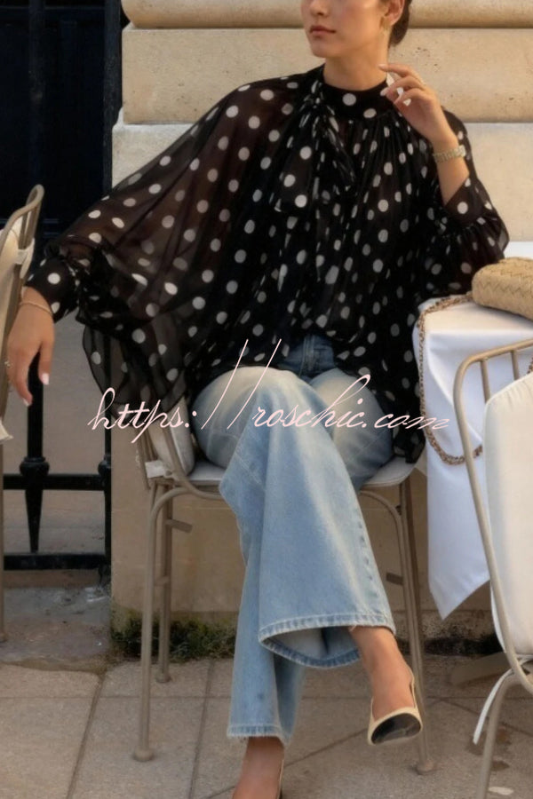 Polka Dot Lantern Sleeve Tie-Waist Loose Shirt