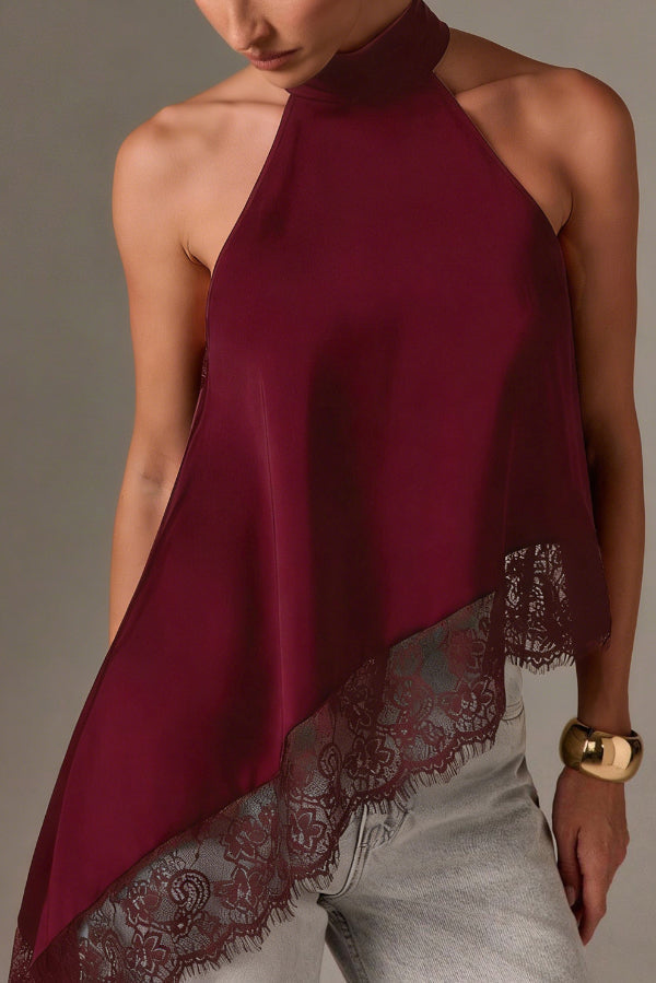 Satin Sleeveless Halter Top – Loose Fit Lace Hem