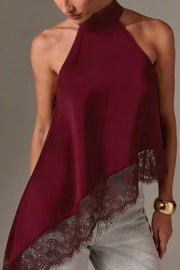 Satin Sleeveless Halter Top – Loose Fit Lace Hem