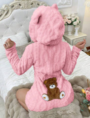 Teddy Bear Embroidered Hooded Fleece Sweatshirt for Women