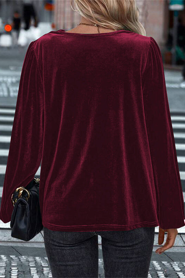 Velvet Long Sleeve V-Neck Loose Top | Vacation Blouse