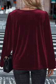 Velvet Long Sleeve V-Neck Loose Top | Vacation Blouse
