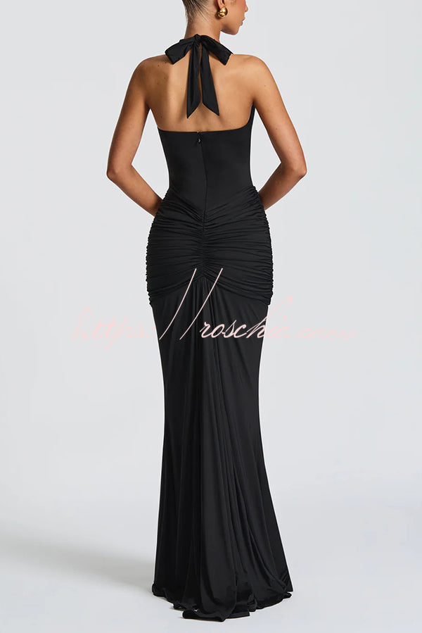 Halter V-Neck Open Back Maxi Dress – Solid Color Slim Fit