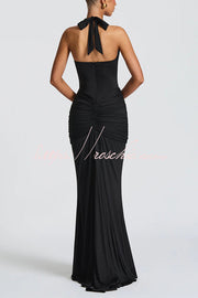 Halter V-Neck Open Back Maxi Dress – Solid Color Slim Fit