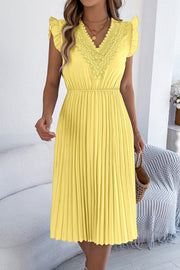 Lace-Trim V-Neck Sleeveless Pleated Midi Dress