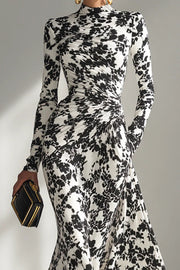 Black & White Printed Long-Sleeve Pleated Maxi Dress