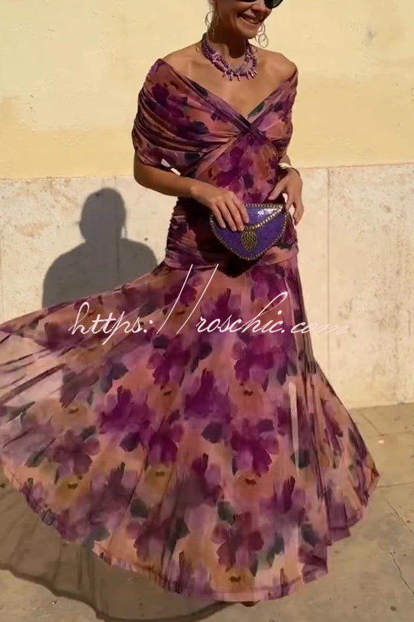 Printed V-Neck Waisted Mesh Maxi Dress for Vacation